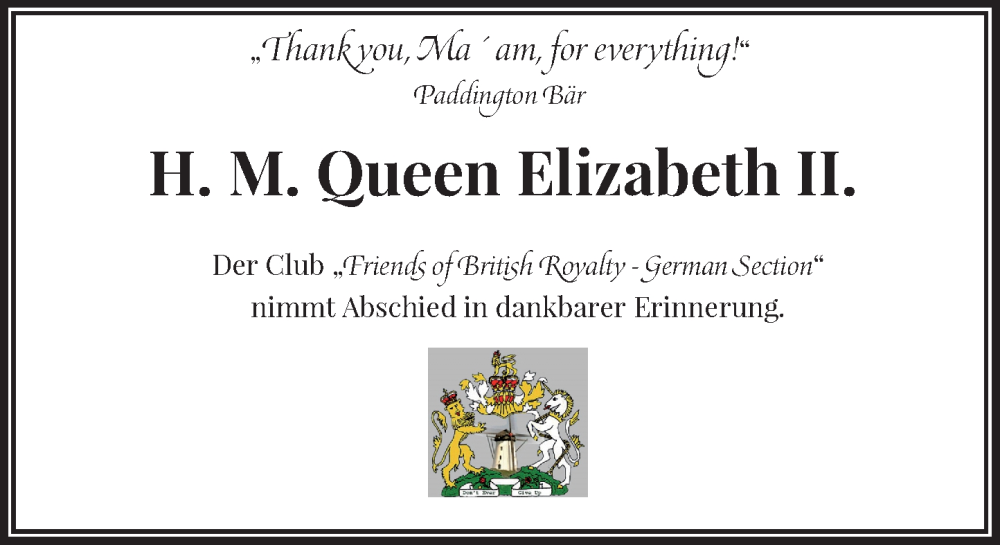  Traueranzeige für Queen Elizabeth II.  vom 19.09.2022 aus Rheinische Post