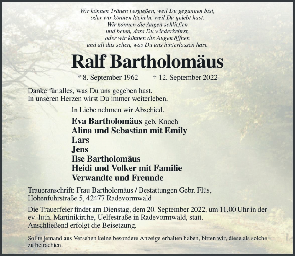  Traueranzeige für Ralf Bartholomäus vom 17.09.2022 aus Rheinische Post