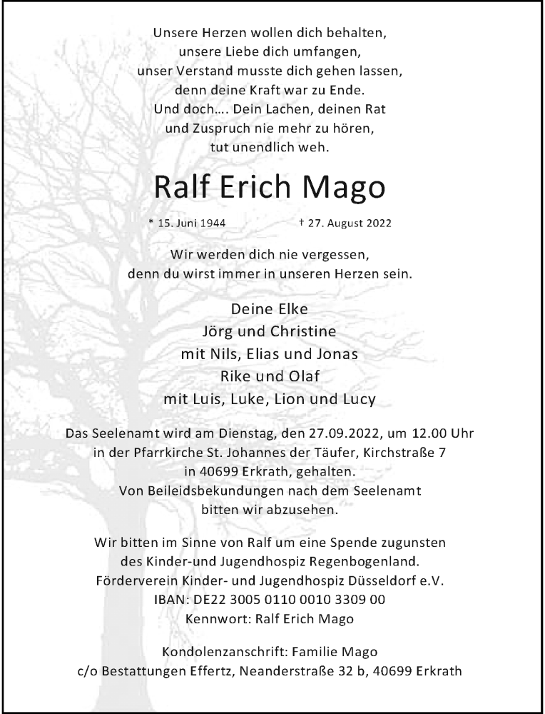  Traueranzeige für Ralf Erich Mago vom 17.09.2022 aus Rheinische Post