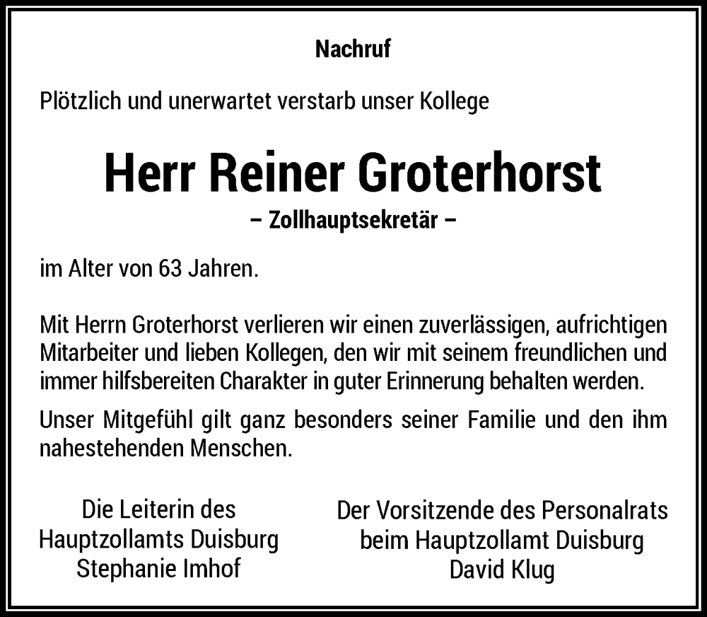  Traueranzeige für Reiner Groterhorst vom 26.09.2022 aus Rheinische Post