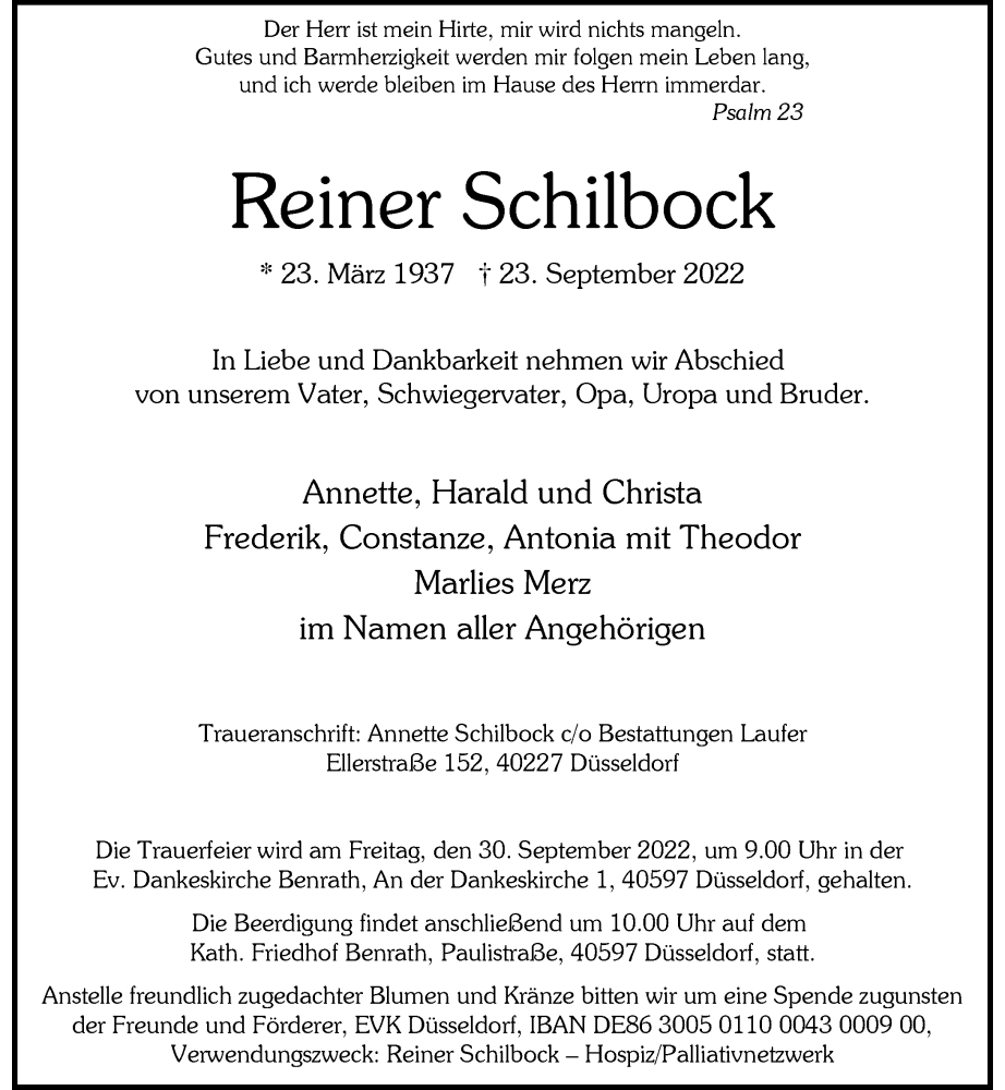  Traueranzeige für Reiner Schilbock vom 28.09.2022 aus Rheinische Post