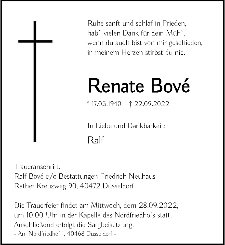  Traueranzeige für Renate Bove vom 24.09.2022 aus Rheinische Post