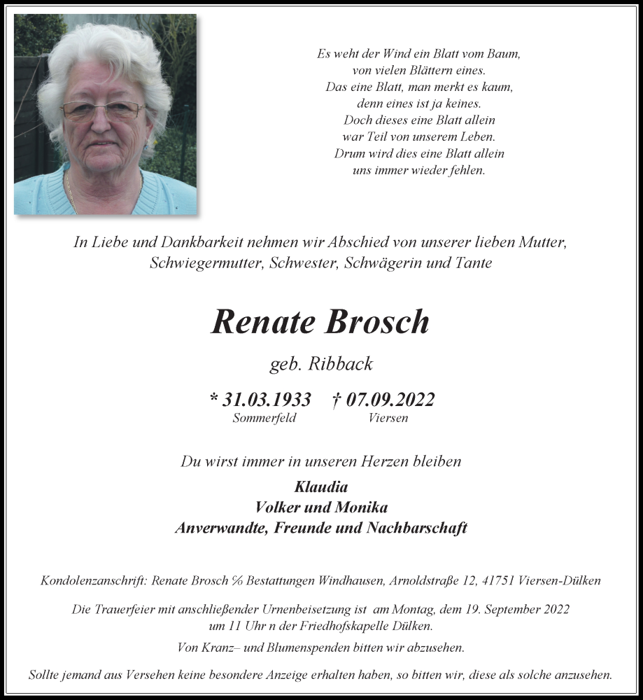  Traueranzeige für Renate Brosch vom 17.09.2022 aus Rheinische Post