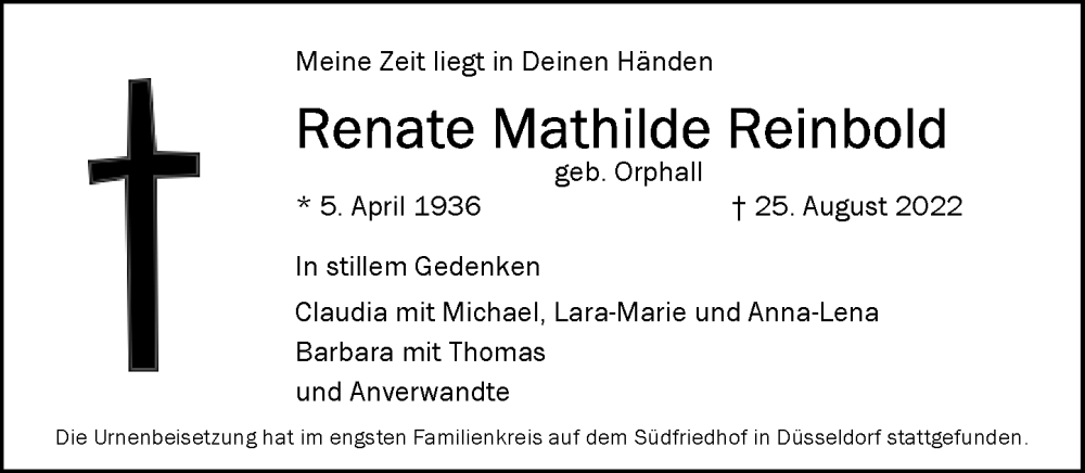  Traueranzeige für Renate Mathilde Reinbold vom 01.10.2022 aus Rheinische Post