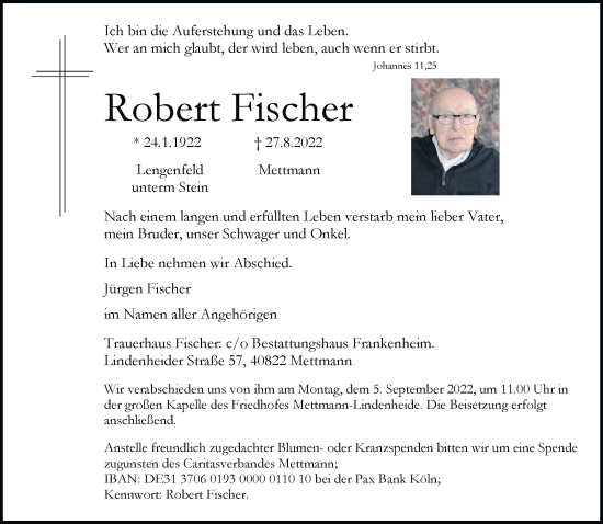 Traueranzeige von Robert Fischer von Rheinische Post