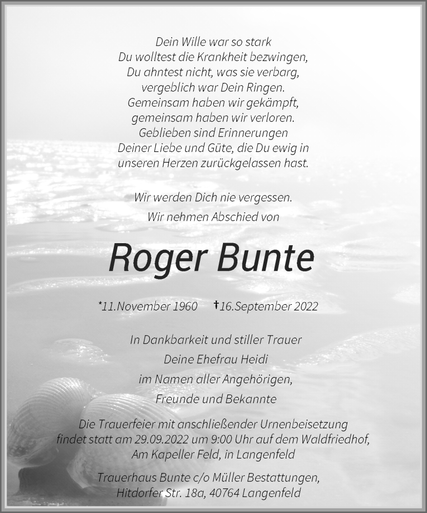  Traueranzeige für Roger Bunte vom 24.09.2022 aus Rheinische Post