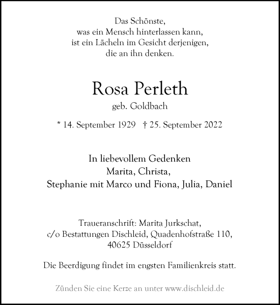 Traueranzeige von Rosa Perleth von Rheinische Post