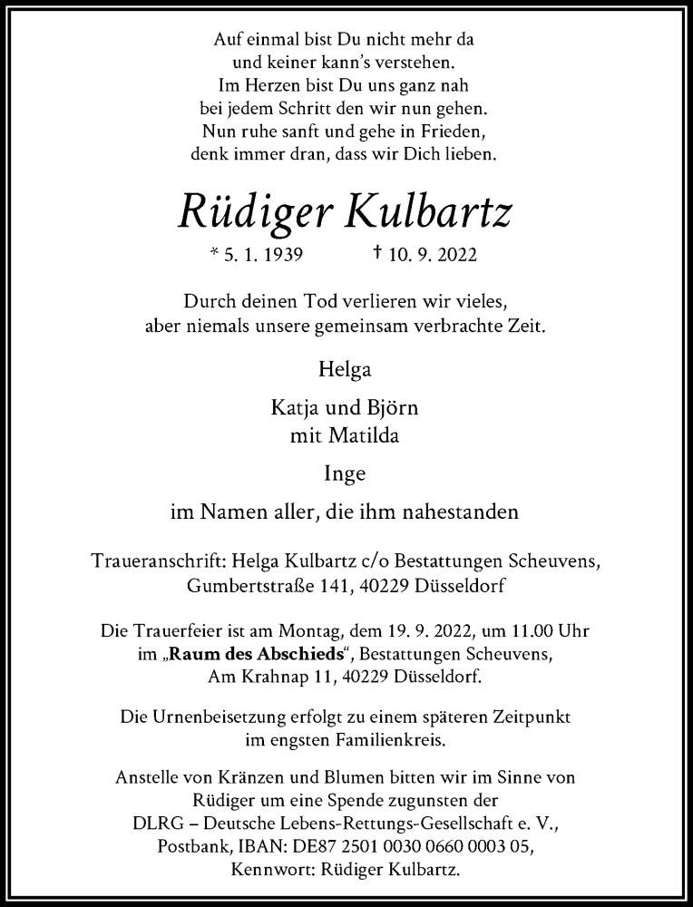  Traueranzeige für Rüdiger Kulbartz vom 17.09.2022 aus Rheinische Post