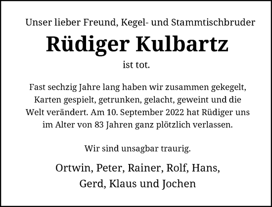 Traueranzeige von Rüdiger Kulbartz von Rheinische Post