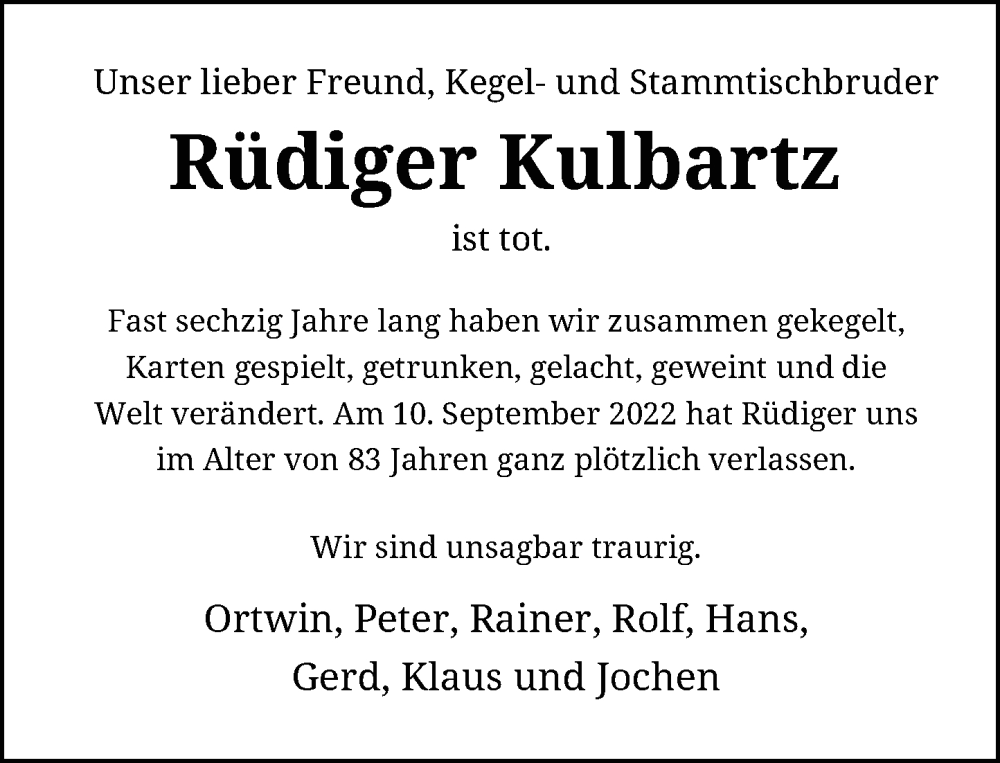  Traueranzeige für Rüdiger Kulbartz vom 17.09.2022 aus Rheinische Post