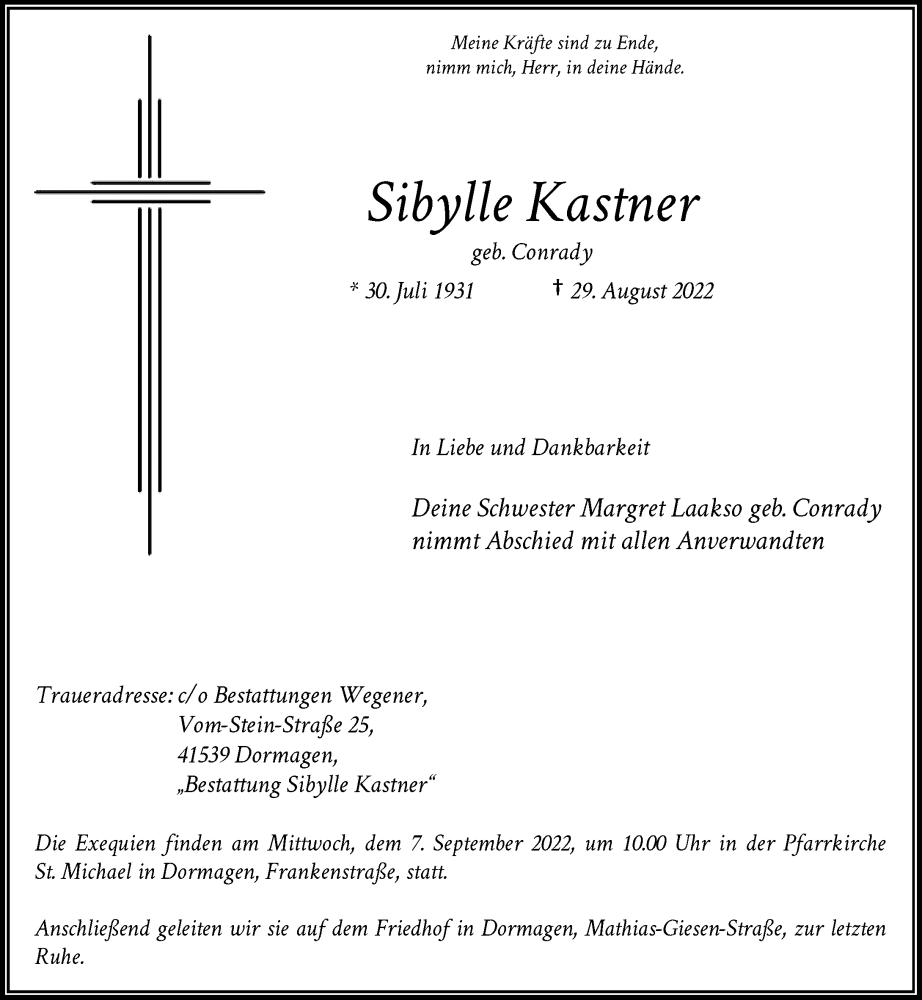  Traueranzeige für Sibylle Kastner vom 03.09.2022 aus Rheinische Post