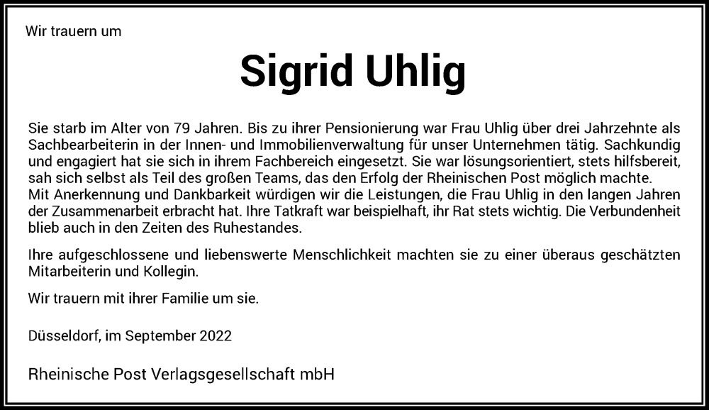  Traueranzeige für Sigrid Uhlig vom 03.09.2022 aus Rheinische Post