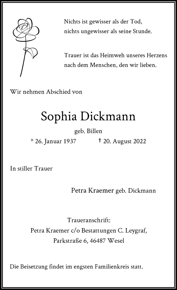  Traueranzeige für Sophia Dickmann vom 07.09.2022 aus Rheinische Post