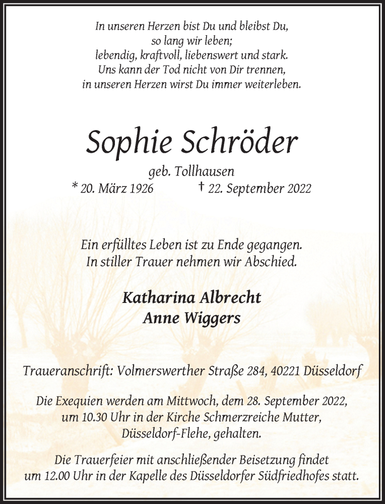  Traueranzeige für Sophie Schröder vom 24.09.2022 aus Rheinische Post