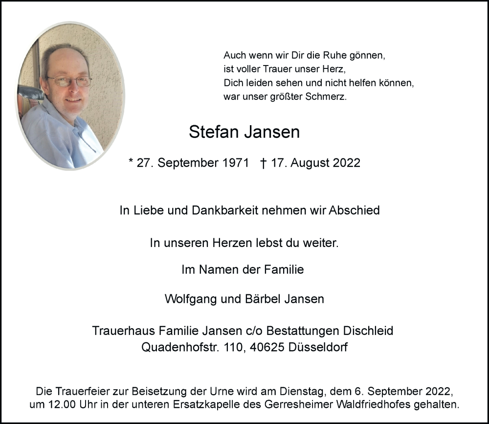  Traueranzeige für Stefan Jansen vom 03.09.2022 aus Rheinische Post