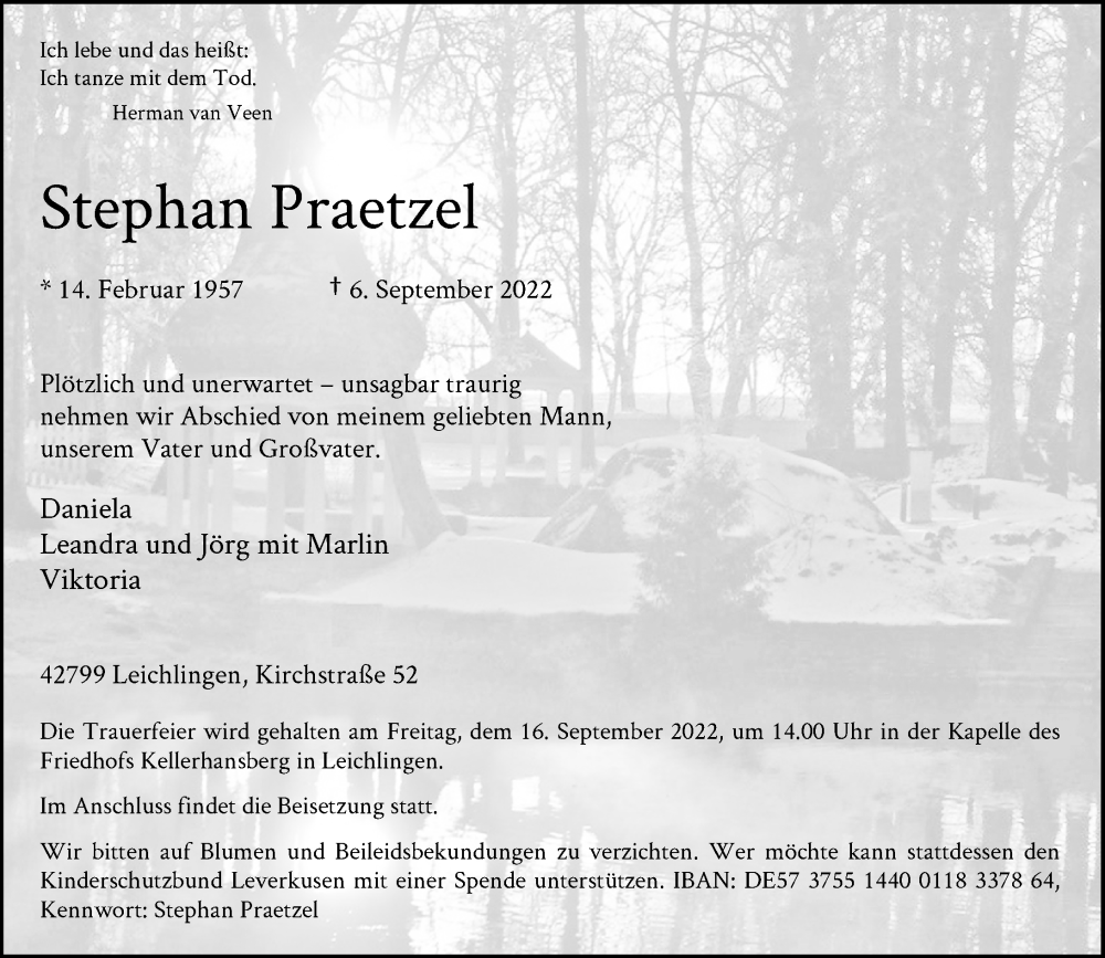 Traueranzeige für Stephan Praetzel vom 13.09.2022 aus Rheinische Post