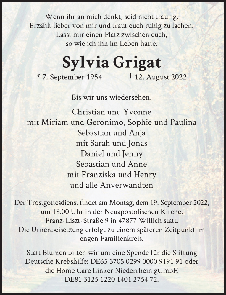  Traueranzeige für Sylvia Grigat vom 10.09.2022 aus Rheinische Post