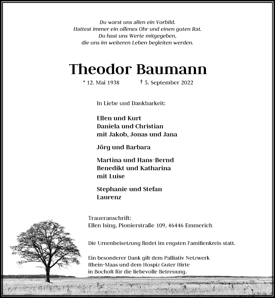  Traueranzeige für Theodor Baumann vom 10.09.2022 aus Rheinische Post