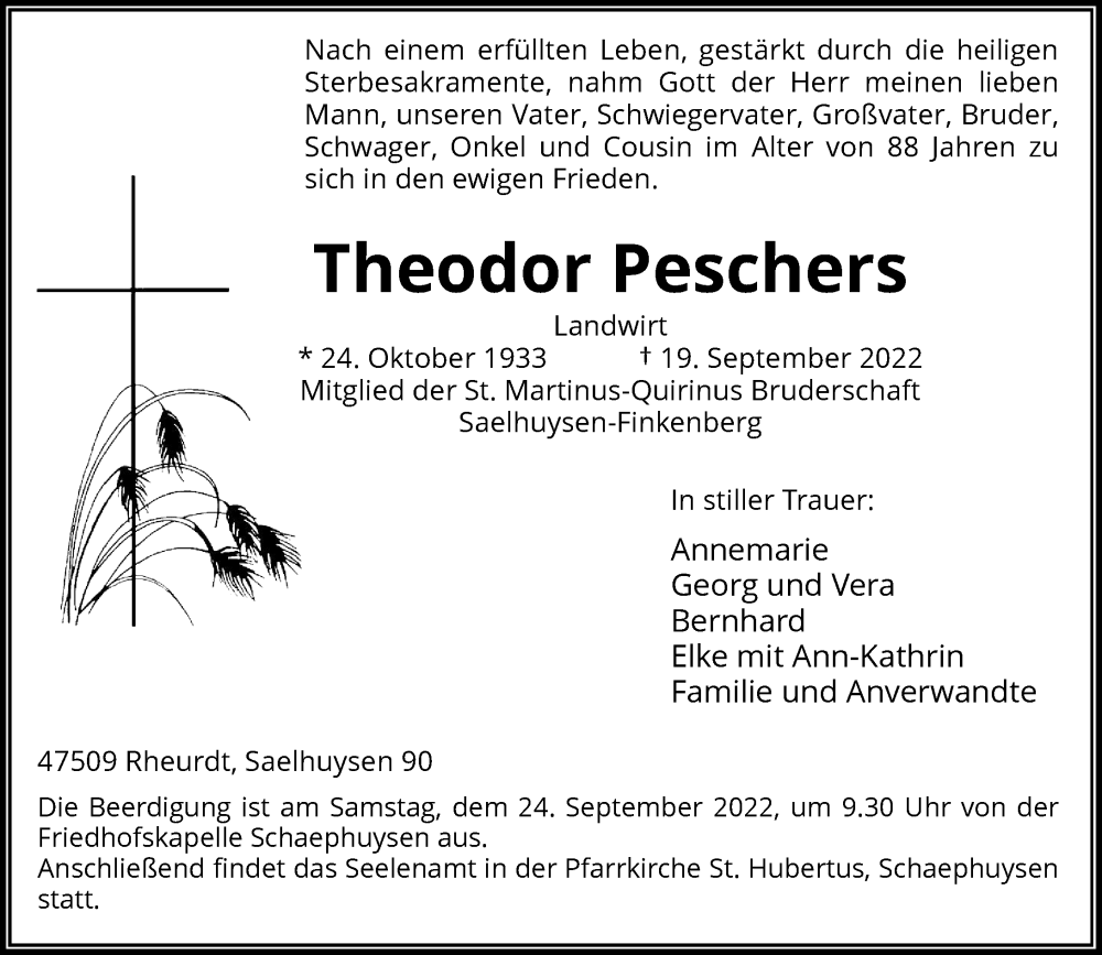  Traueranzeige für Theodor Peschers vom 21.09.2022 aus Rheinische Post