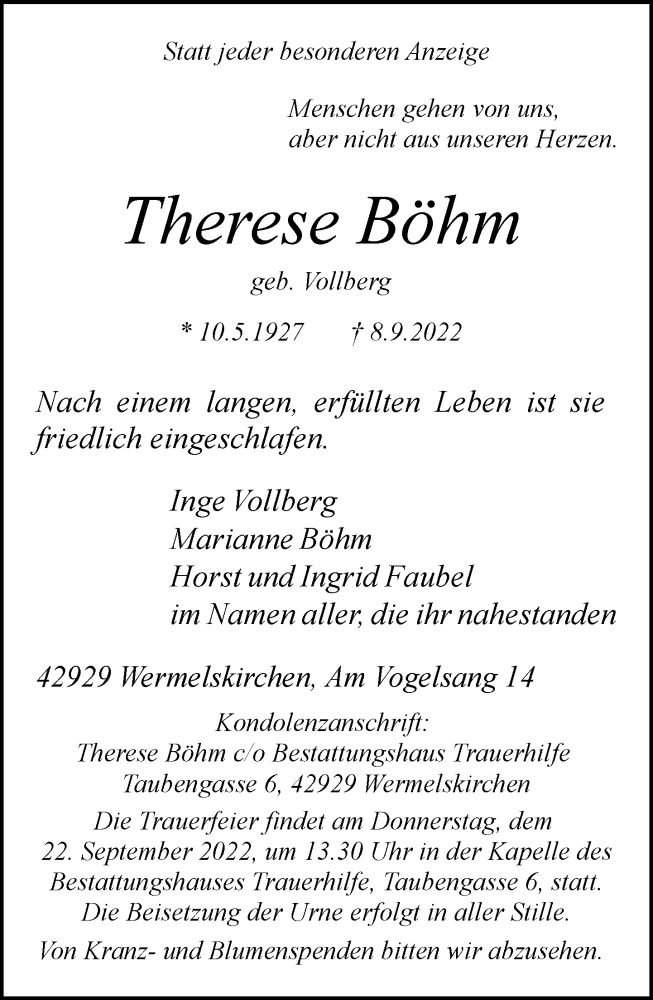 Traueranzeige für Therese Böhm vom 17.09.2022 aus Rheinische Post