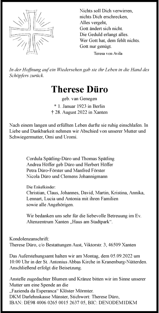  Traueranzeige für Therese Düro vom 03.09.2022 aus Rheinische Post