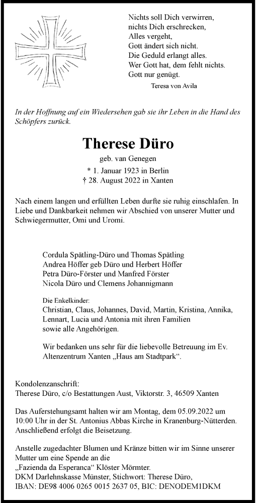 Traueranzeige von Therese Düro von Rheinische Post