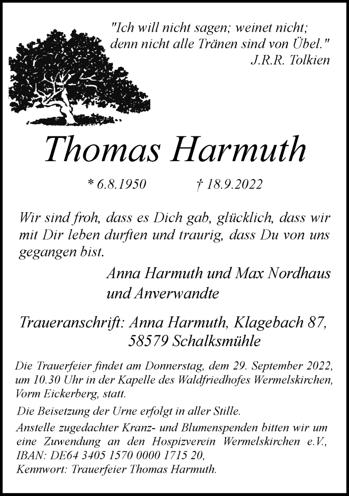  Traueranzeige für Thomas Harmuth vom 24.09.2022 aus Rheinische Post