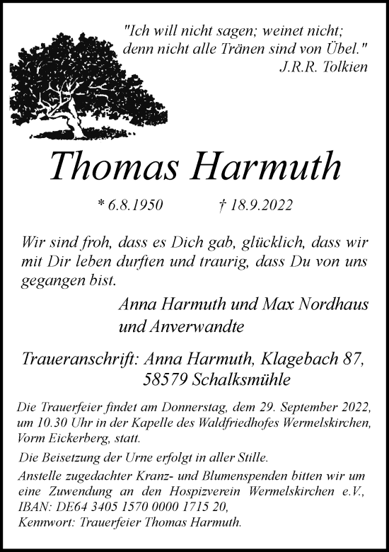 Traueranzeige von Thomas Harmuth von Rheinische Post