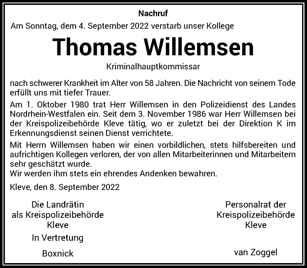  Traueranzeige für Thomas Willemsen vom 10.09.2022 aus Rheinische Post