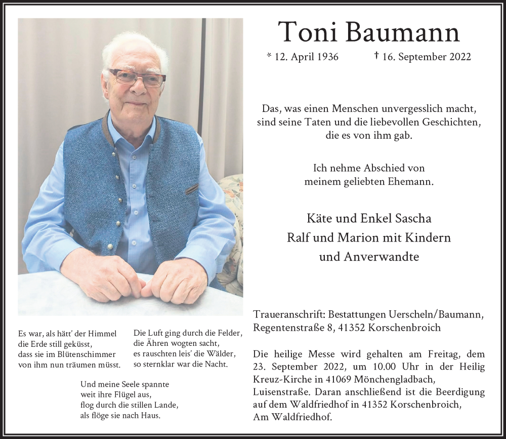  Traueranzeige für Toni Baumann vom 21.09.2022 aus Rheinische Post