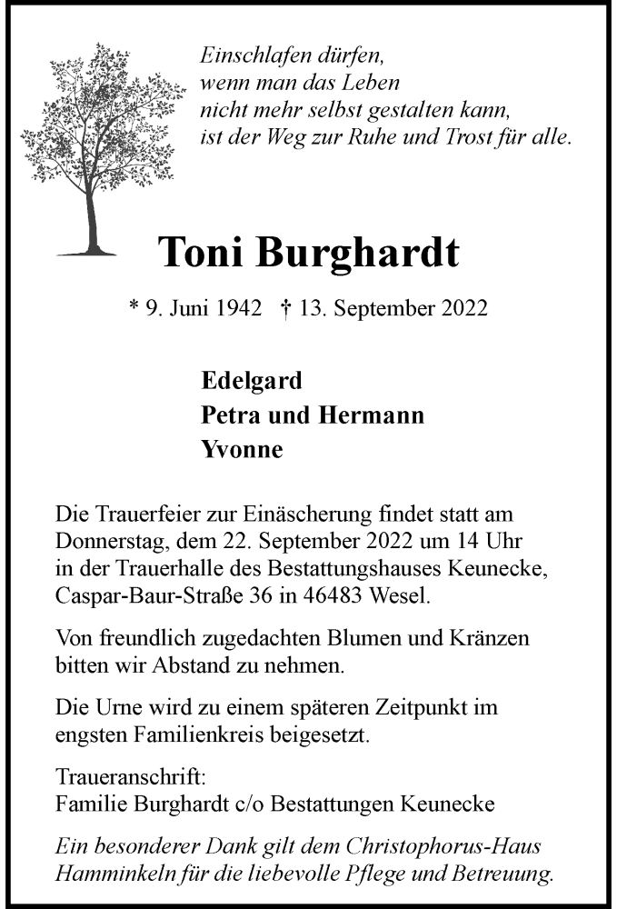  Traueranzeige für Toni Burghardt vom 17.09.2022 aus Rheinische Post