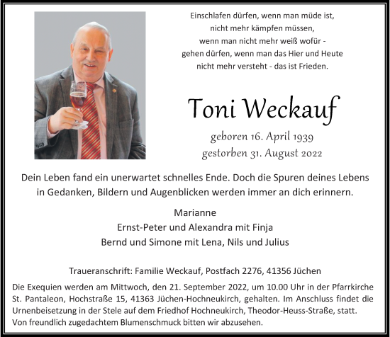 Traueranzeige von Toni Weckauf von Rheinische Post