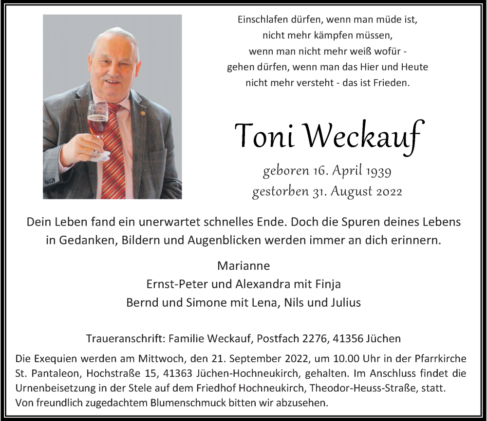  Traueranzeige für Toni Weckauf vom 10.09.2022 aus Rheinische Post