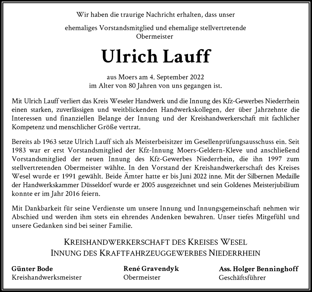  Traueranzeige für Ulrich Lauff vom 13.09.2022 aus Rheinische Post