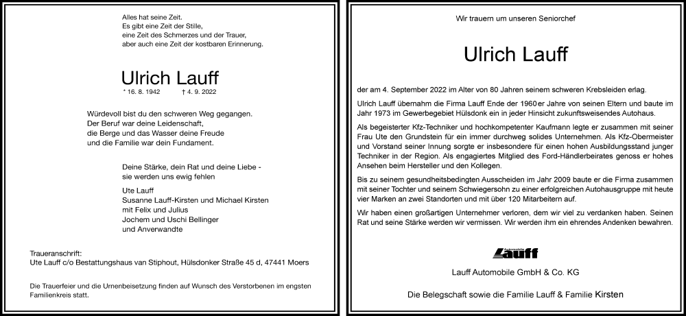 Traueranzeige für Ulrich Lauff vom 10.09.2022 aus Rheinische Post