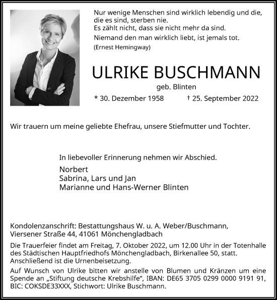 Traueranzeige von Ulrike Buschmann von Rheinische Post