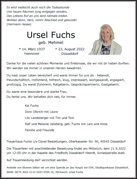 Traueranzeige von Ursel Fuchs von Rheinische Post
