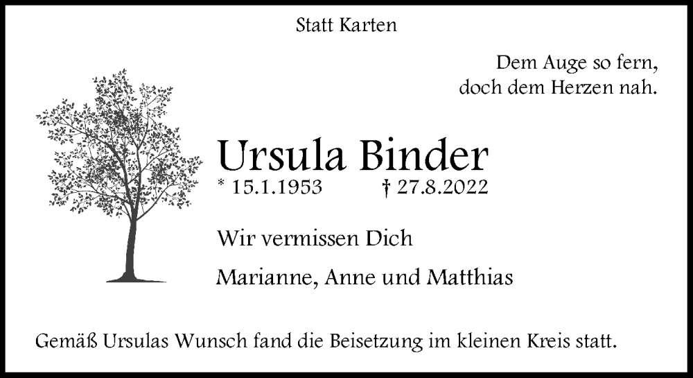  Traueranzeige für Ursula Binder vom 24.09.2022 aus Rheinische Post