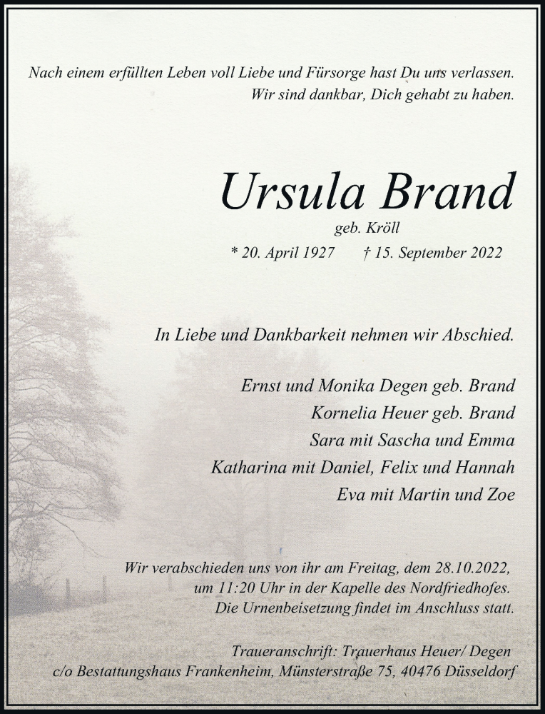  Traueranzeige für Ursula Brand vom 24.09.2022 aus Rheinische Post