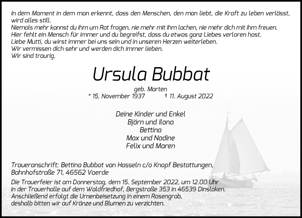  Traueranzeige für Ursula Bubbat vom 10.09.2022 aus Rheinische Post