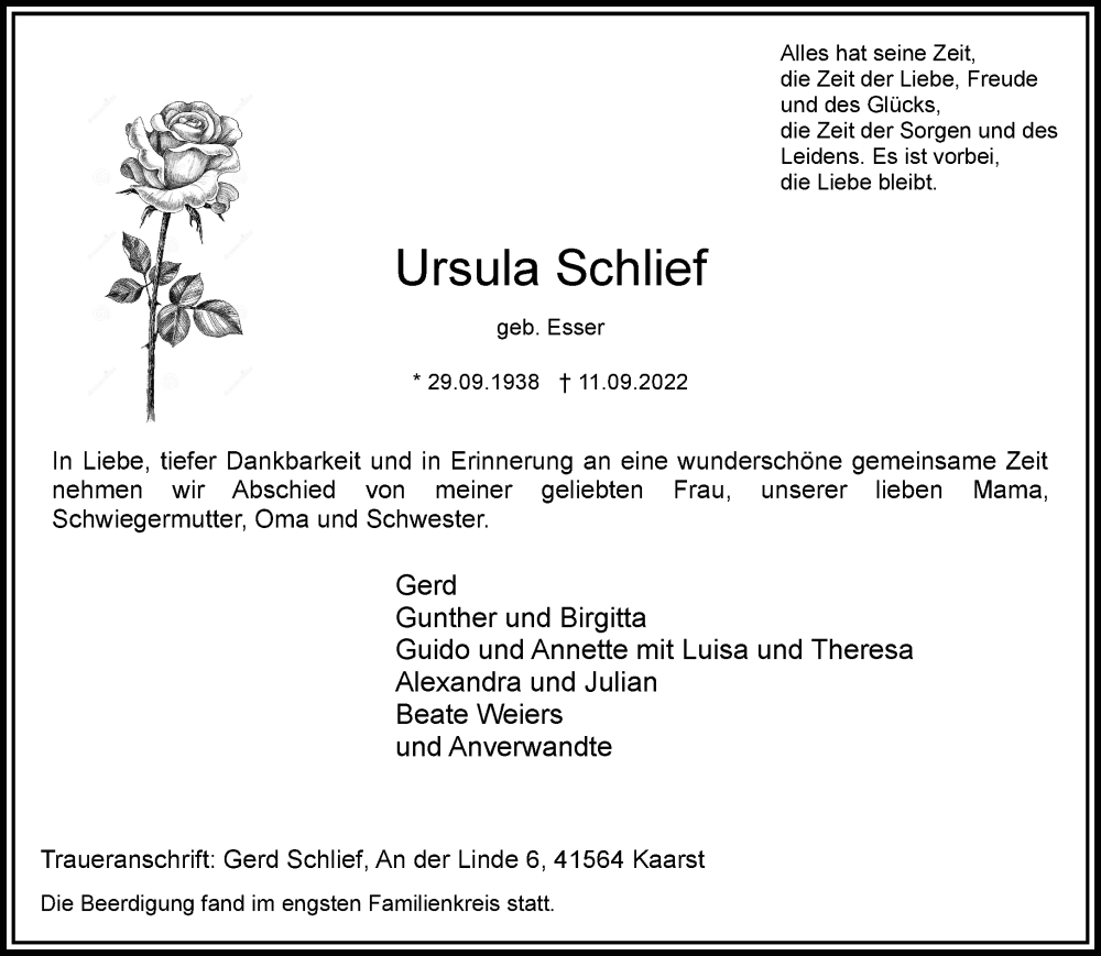  Traueranzeige für Ursula Schlief vom 24.09.2022 aus Rheinische Post