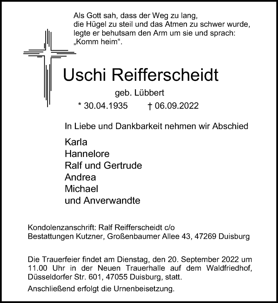  Traueranzeige für Uschi Reifferscheidt vom 17.09.2022 aus Rheinische Post