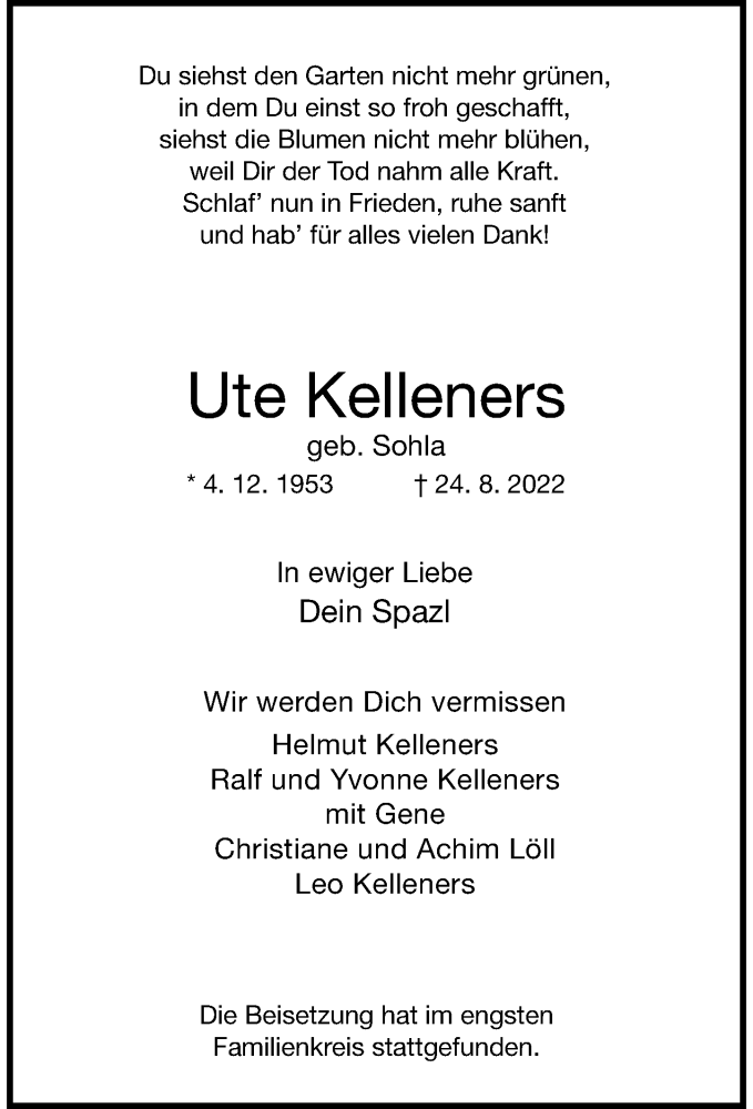  Traueranzeige für Ute Kelleners vom 17.09.2022 aus Rheinische Post