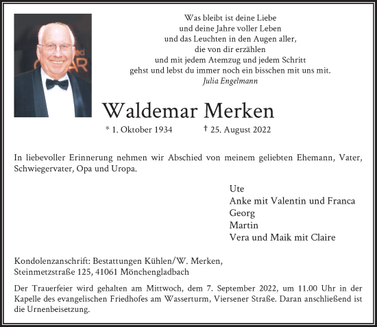 Traueranzeige von Waldemar Merken von Rheinische Post