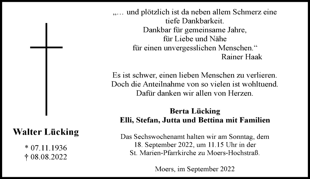  Traueranzeige für Walter Lücking vom 10.09.2022 aus Rheinische Post