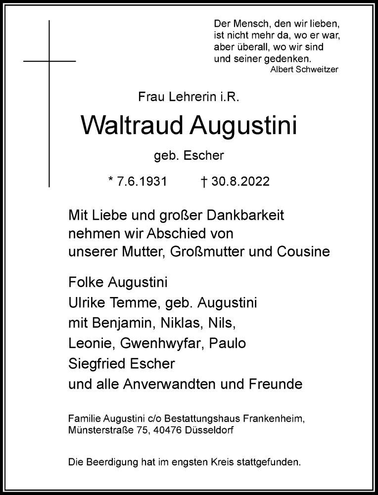  Traueranzeige für Waltraud Augustini vom 10.09.2022 aus Rheinische Post