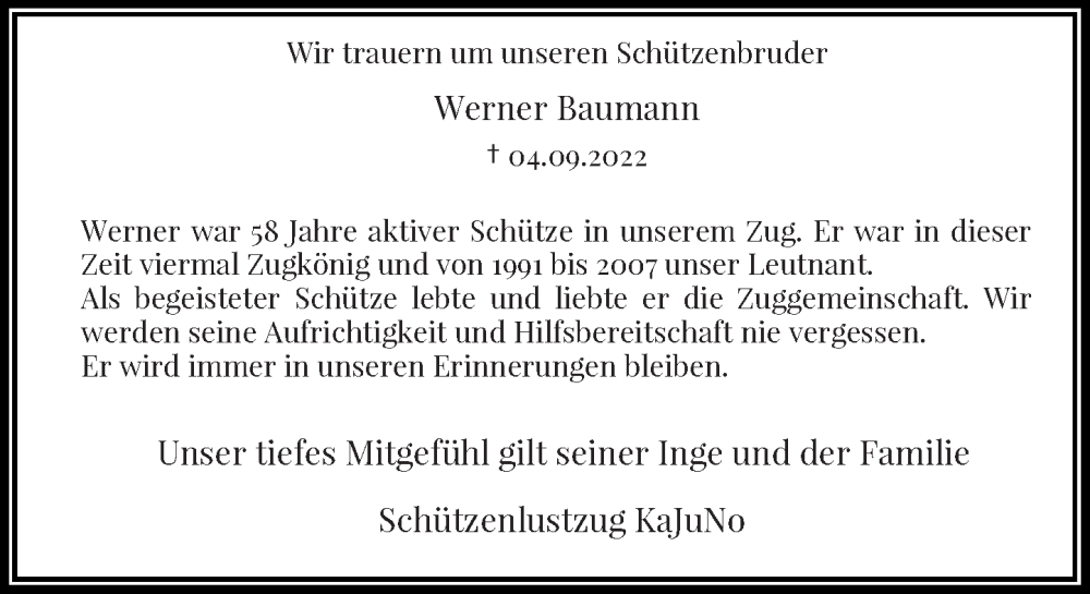  Traueranzeige für Werner Baumann vom 17.09.2022 aus Rheinische Post