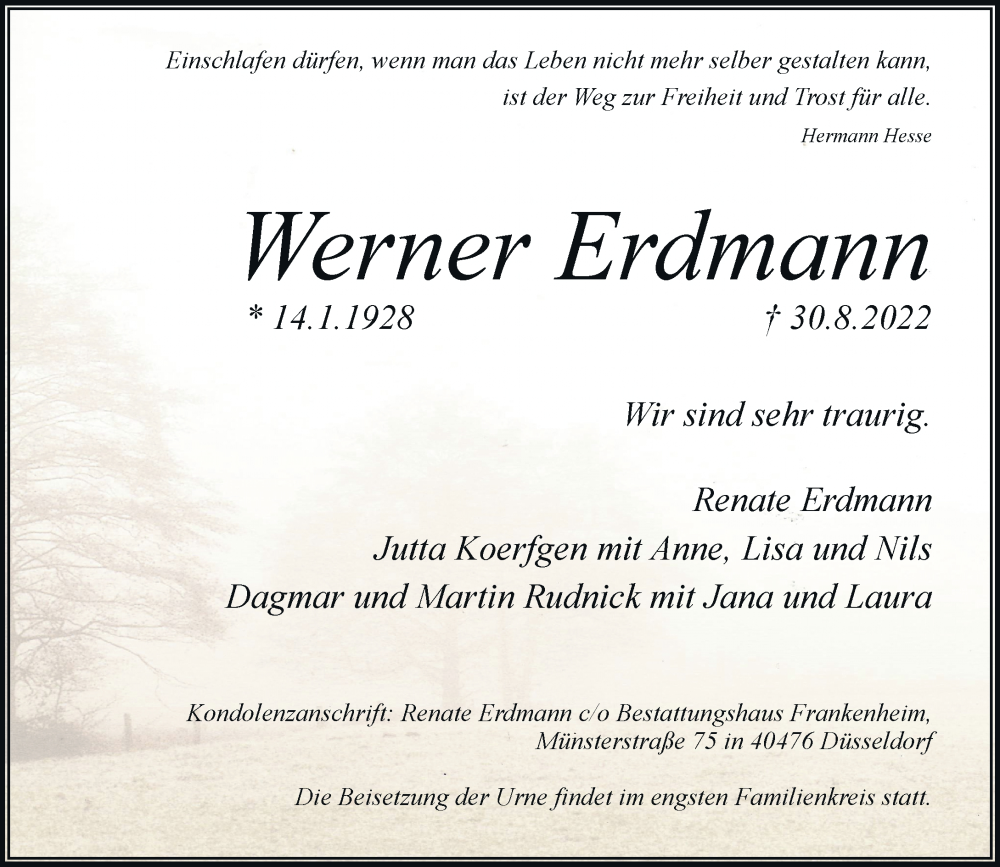  Traueranzeige für Werner Erdmann vom 10.09.2022 aus Rheinische Post