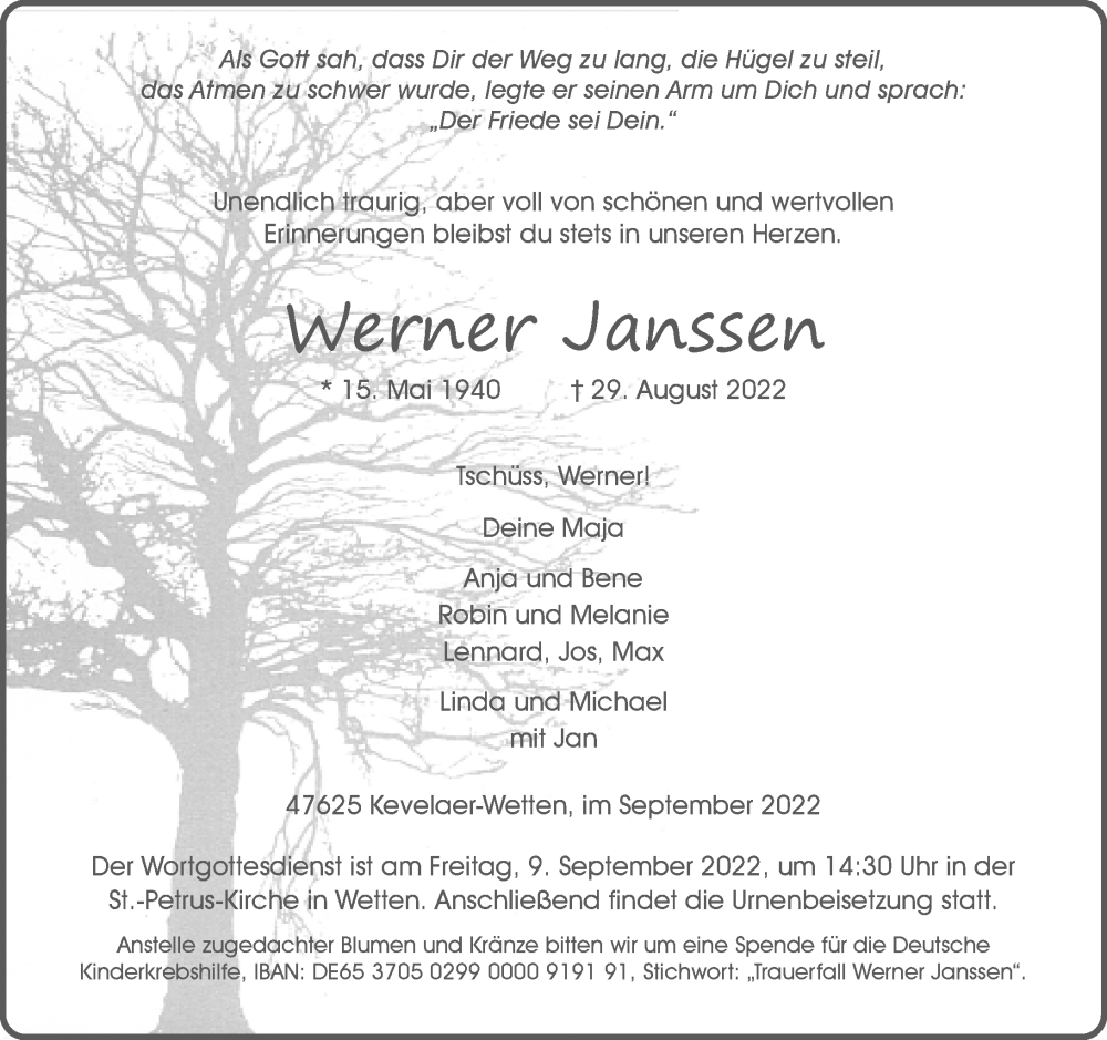  Traueranzeige für Werner Janssen vom 03.09.2022 aus Rheinische Post