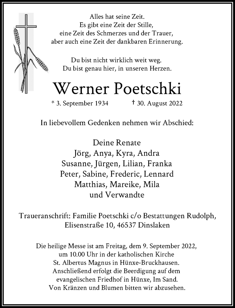  Traueranzeige für Werner Poetschki vom 03.09.2022 aus Rheinische Post